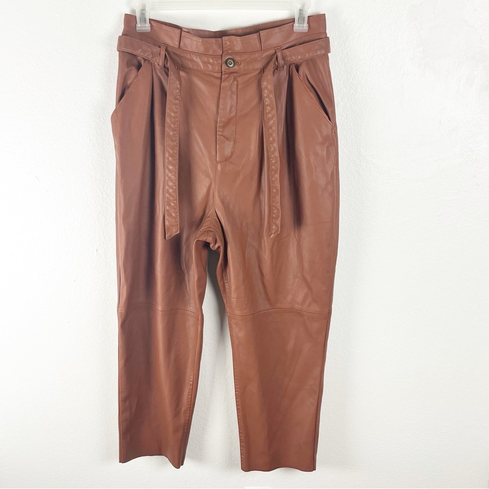 FREE PEOPLE Faux Leather Camel Paperbag Tie Waist Raw Hem Pants 14 Boho Chic